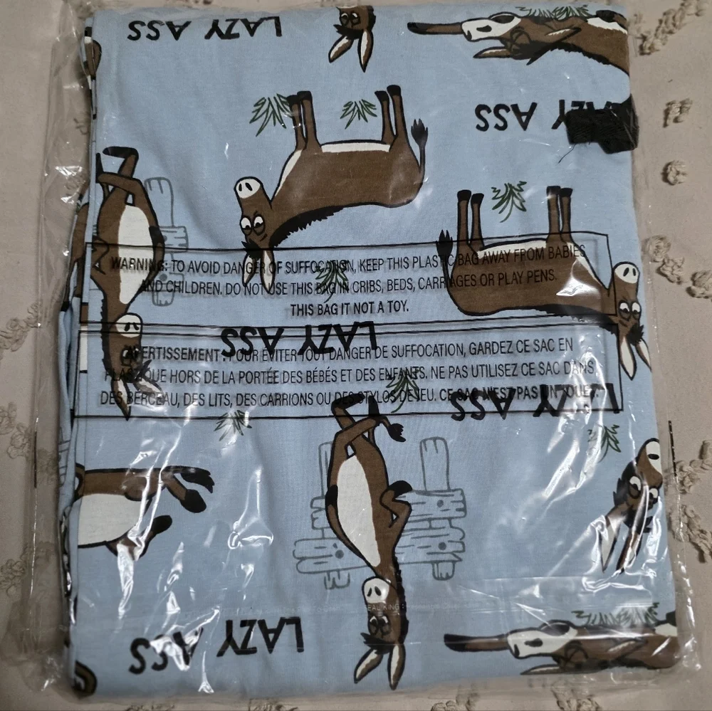 New Unisex Size Large Lazy One Light Blue Lazy Ass Donkey Print Pajama Pants - Picture 5 of 5